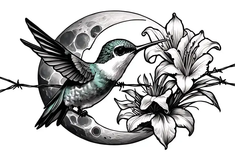 hummingbird and a skeleton, half moon, lilies growing on barbed wire tattoo design idea
