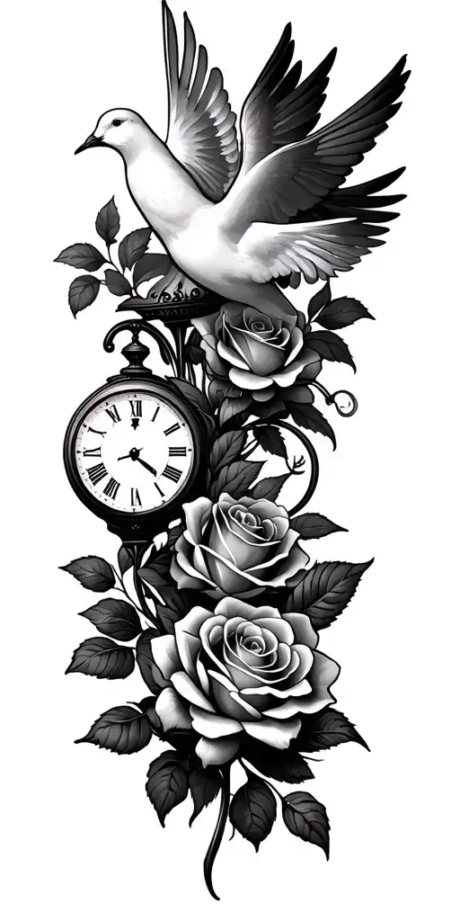 roses and doves with clock and sunrise tattoo design idea
