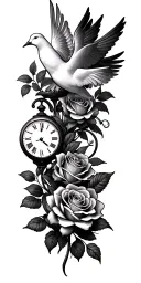 roses and doves with clock and sunrise tattoo design idea