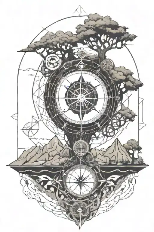 Geometric landscape including a dragon, a compass, broken chains and the tree of life tattoo design idea