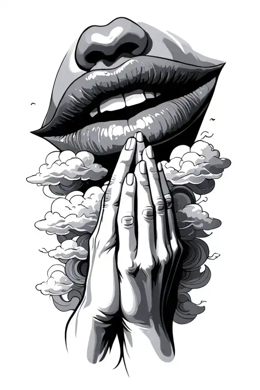 lips, clouds surrounding praying hands holding tattoo design idea
