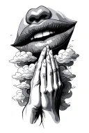 lips, clouds surrounding praying hands holding tattoo design idea