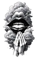 lips, clouds surrounding praying hands holding tattoo design idea