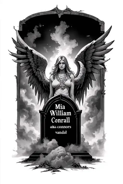 "Mia William connors aka vandal" arch angel Michael nealing behind tombstone with wings spread out with claws dug into the tombstone cloud and fog  tattoo design idea