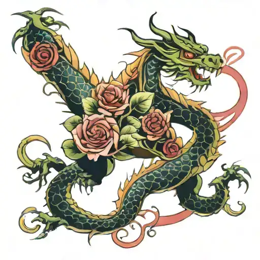 asian dragon wrapped rose intertwined dominance submission symbol  tattoo design idea