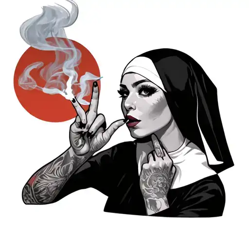 a hot nun with tattoos smoking a joint while showing her middle fingers tattoo design idea