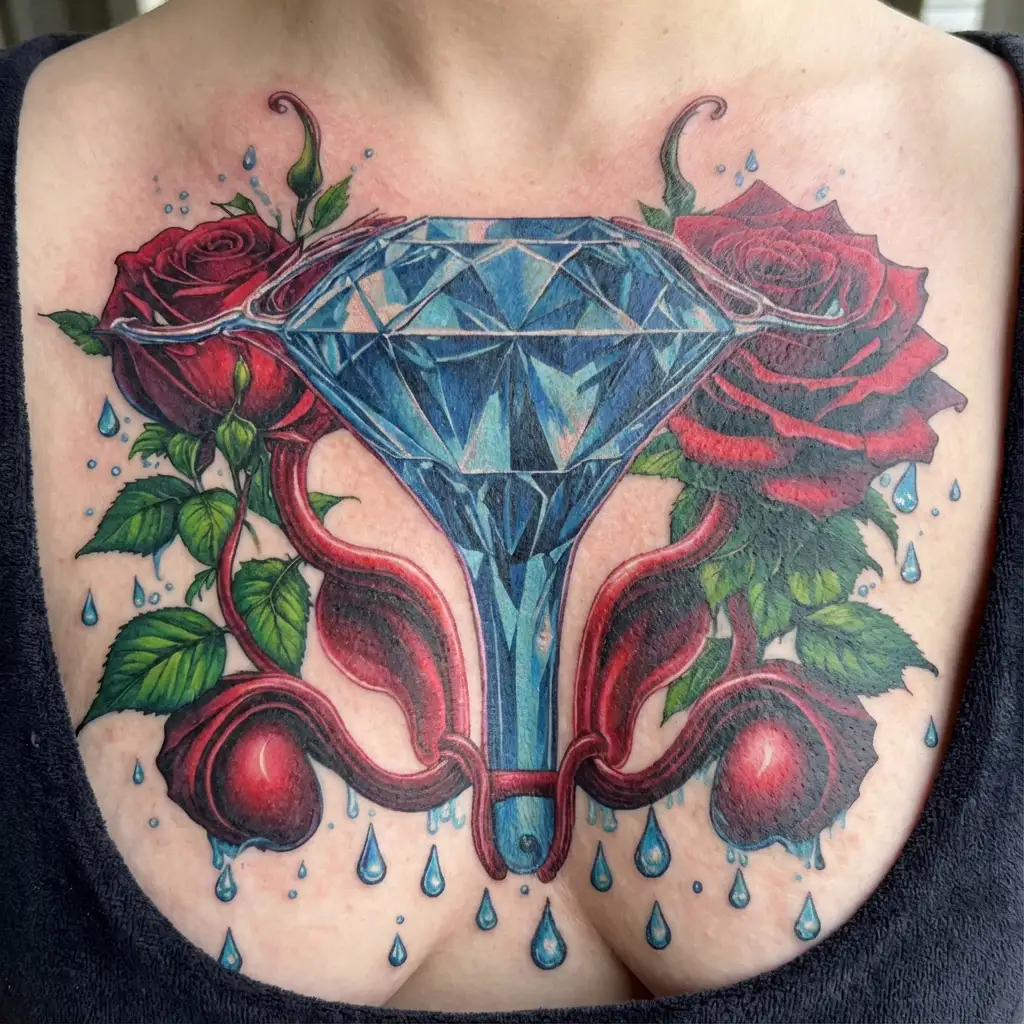 side-view blue diamond, red rose, rain drops, surrounded by ovaries fallopian tubes uterus, vagina, feminine tattoo design idea