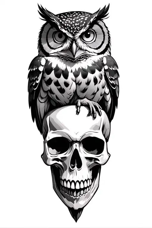 owl perched on skull tattoo design idea