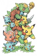 knight tibia, druid tibia, pokemon Bulbasaur, Chandler, Pikachu, Squirtle tattoo design idea