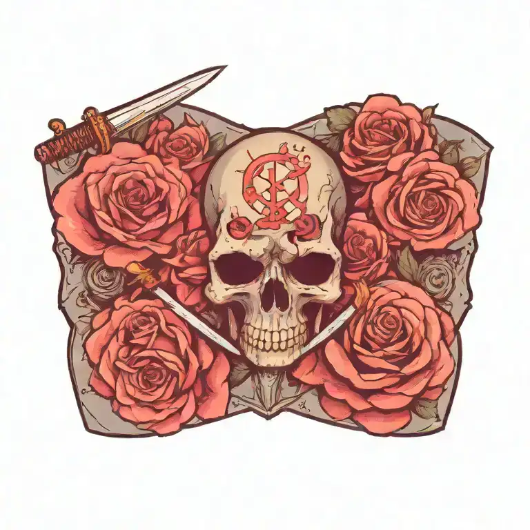 roses and guns and a sword and a skull tattoo design idea