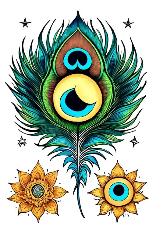 sun , moon , peacock feather , lotus , aries sun sign , aquarius sun sign , stars , humsa ,🪬 tattoo design idea