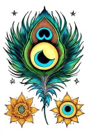 sun , moon , peacock feather , lotus , aries sun sign , aquarius sun sign , stars , humsa ,🪬 tattoo design idea