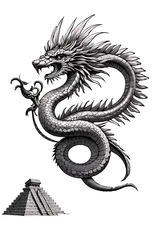 Quetzalcoatl the feathered serpent god, full body. include Tecun Uman, a Mayan calendar, and Mayan pyramid.  tattoo design idea