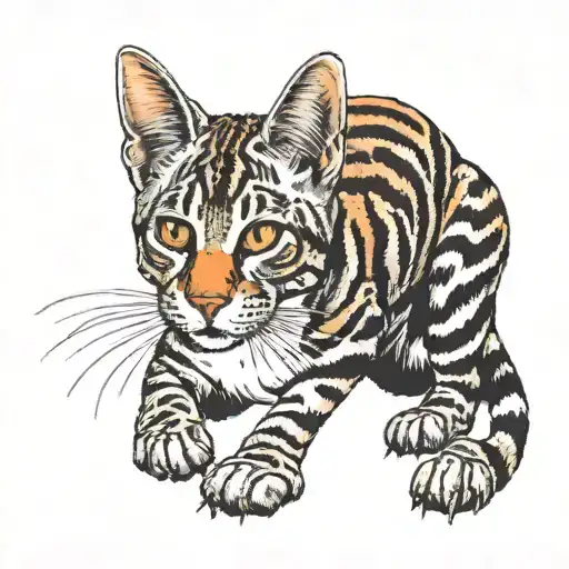 skinny female brown tabby cat, short hair, white hair on belly and chest, orange spot on head, white paws, black stripes tattoo design idea