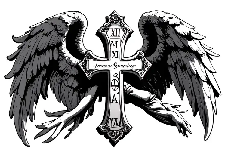 angel and cross with roman numerals tattoo design idea