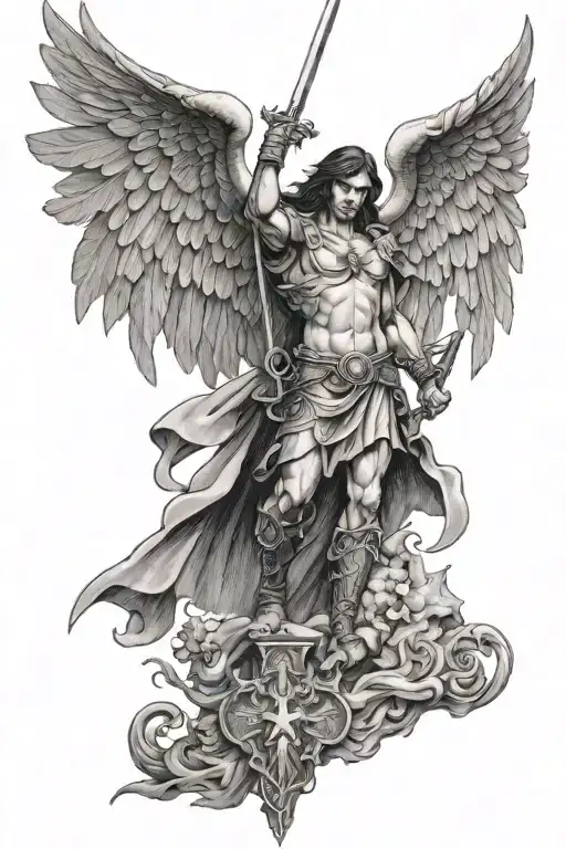 arch angel michael with sword and cross defeating lucifer tattoo design idea