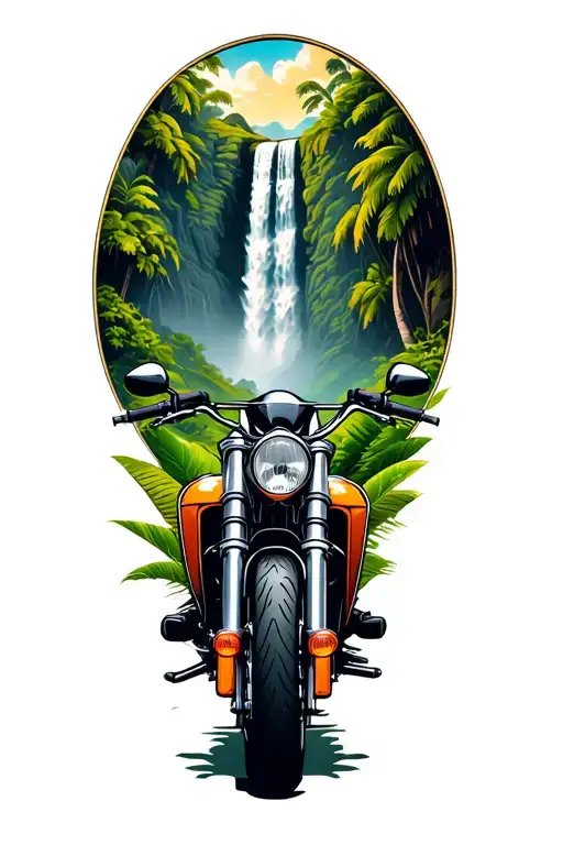 A motorcycle parked in front of a majestic waterfall in a lush jungle setting, combining your passion for adventure motorcycle riding with your love for the outdoors tattoo design idea