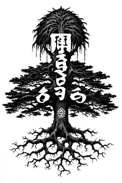 (xxxtentacion forehead) POISON TREE, with the roots leading down into the Kanji (Gaara Head symbol)  tattoo design idea
