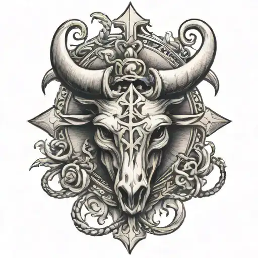 Cross with anchor and heart and a bull's head on top tattoo design idea