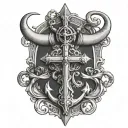 Cross with anchor and heart and a bull's head on top tattoo design idea