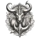 Cross with anchor and heart and a bull's head on top tattoo design idea