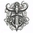 Cross with anchor and heart and a bull's head on top tattoo design idea