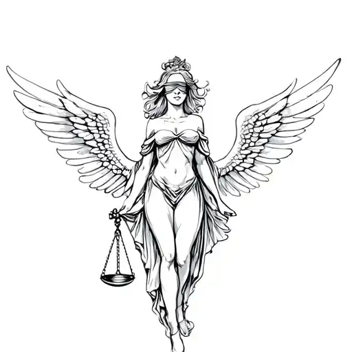 blindfolded lady of justice with wings tattoo design idea