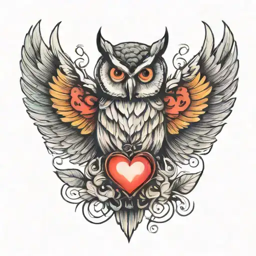 realistic owl with burning heart tattoo design idea