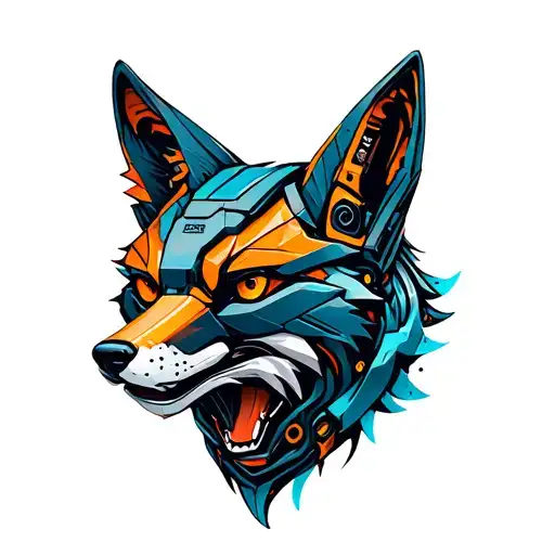Mechanical Fox head made of battery parts. Level half way charged. tattoo design idea