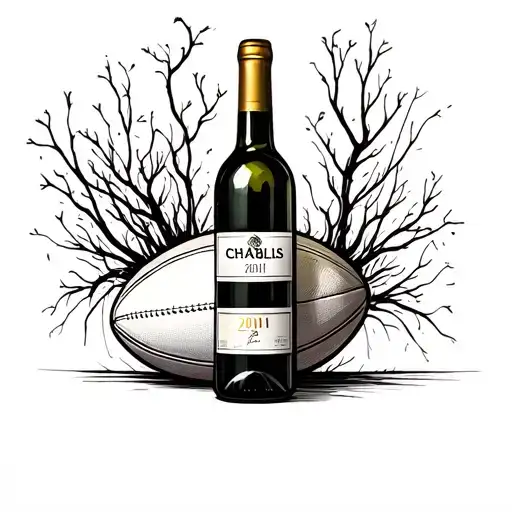 Bottle of Chablis with rugby ball in label and 2011. In one line. sans lever le crayon  tattoo design idea