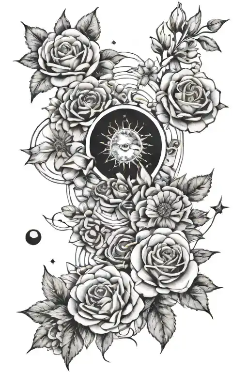 a shoulder and arm tattoo with 5 moon phases, the new moon in the middle, with the flowers cosmo, aster, rose and poppy  tattoo design idea