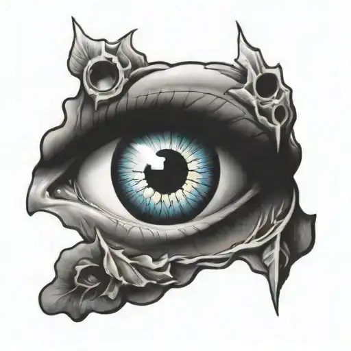 realistic eye with a war background inside the eye tattoo design idea