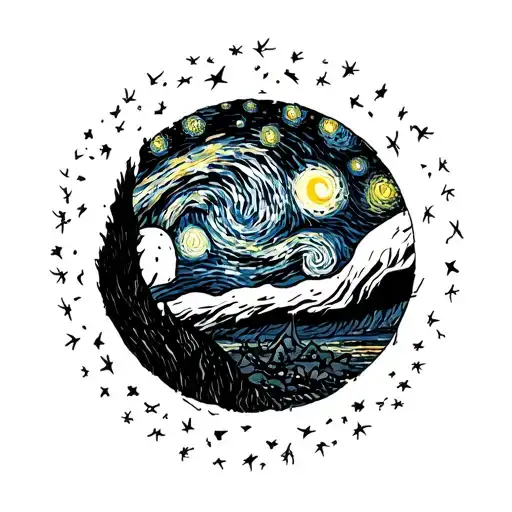 starry night by van Gogh in a circle shape tattoo design idea