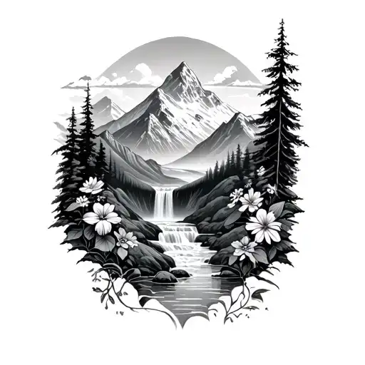 mountain peaks and waterfall with flowers tattoo design idea
