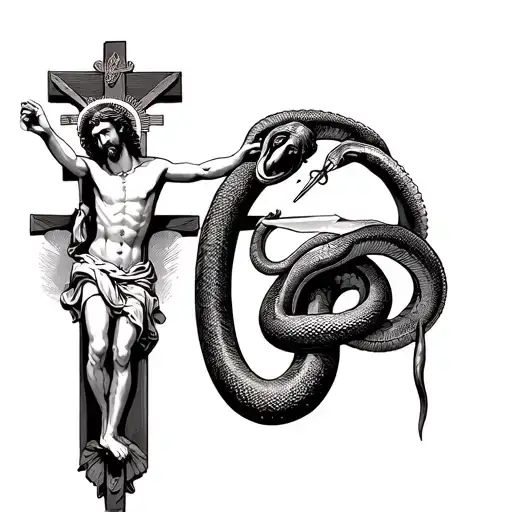 Jesus Christ on an orthodox cross with the painting of Peter cutting of the priests ear and a snake getting stabbed tattoo design idea
