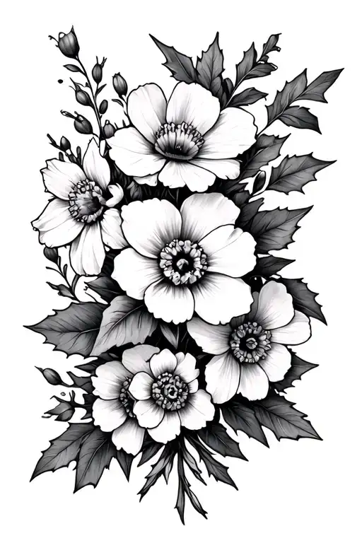 violet, primrose, marigold, holly berry, narcissus bouquet tattoo design idea