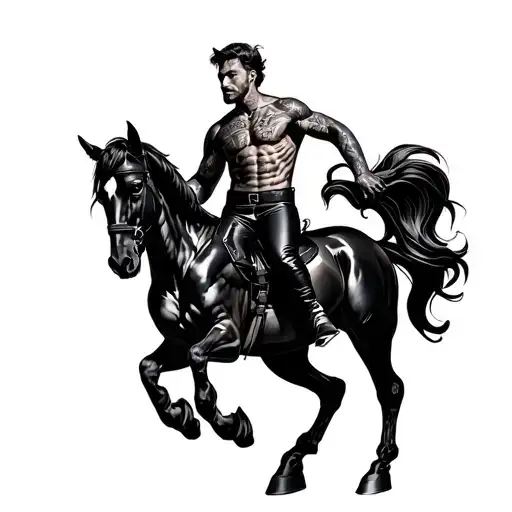 man in full latex with bdsm pony play outfit on in the pose of a real horse rearing (so the man is the horse)  tattoo design idea