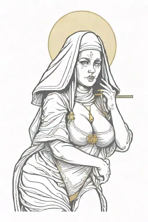 Sexy Nun, huge boobs,, wide hips, petite, revealing attire, seductive facial expressions, gold cross, Lingerie, sexual tattoo design idea