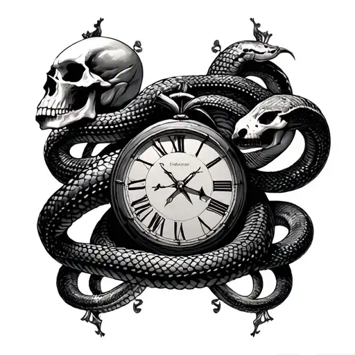 skulls and snakes and a clock face tattoo design idea