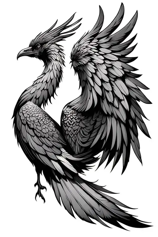 Phoenix bird with its wings tucked into its body and feather falling out of its tail tattoo design idea