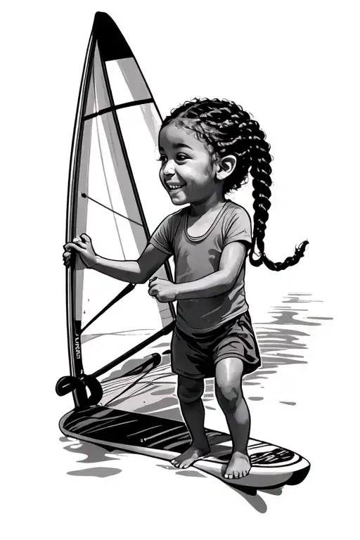 Black-and-white tattoo, minimal and linear.A little girl with braids, full of joy, stands on a windsurf board, holding  tattoo design idea