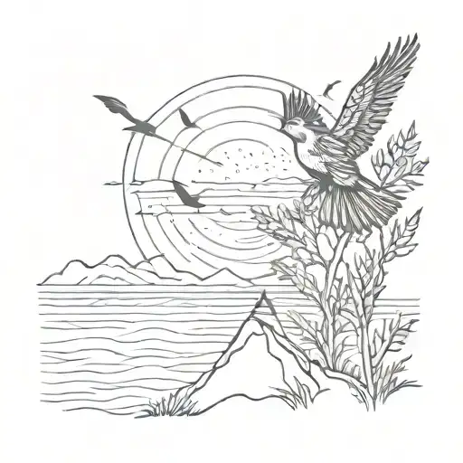 sunrise with bird silhouettes, arrow with feather, nature tattoo design idea