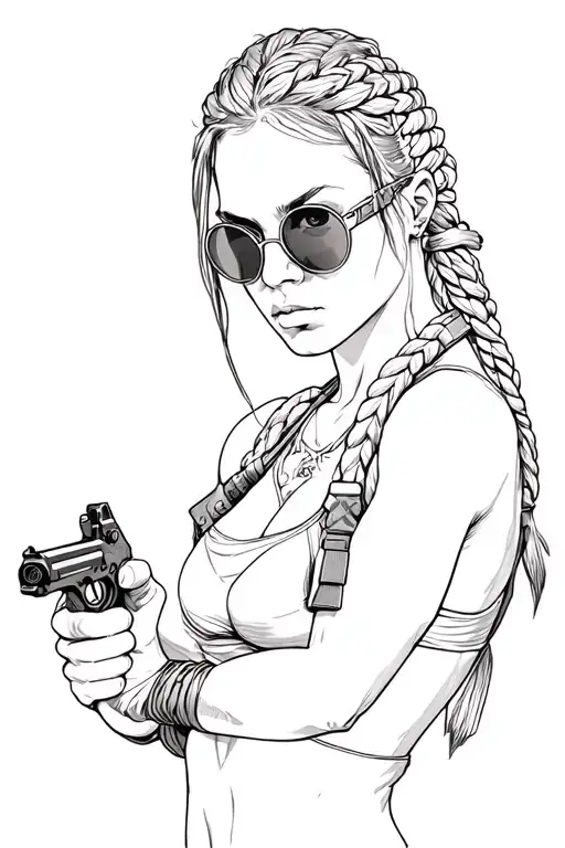 Lara Croft With Her Plait Holding Her Dual Pistols With Her Round Sunglasses On Tattoo tattoo design idea