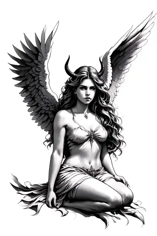 Create a tattoo of a female angel with spread wings and small devil horns on her head. She is looking remorseful tattoo design idea