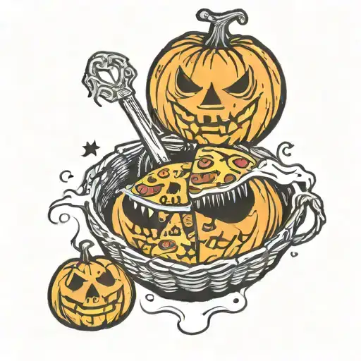 Old school 90s orange pumpkin trick or treat basket with a slice of pepperoni pizza hanging off the side. tattoo design idea