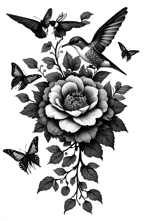 flowers and vines with humming birds, butterflies, and bees tattoo design idea