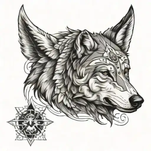 a Native American style wolf with his first name Antonin and his date of birth February 20, 2021 tattoo design idea