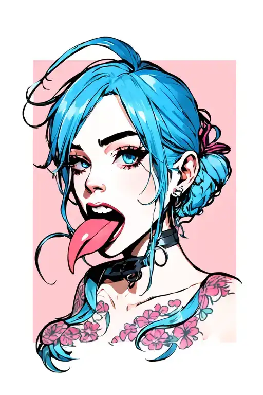 hentail, bdsm, stick out tongue, nymphomaniac face, young, sexy position, latex, orgasm, blue hair tattoo design idea