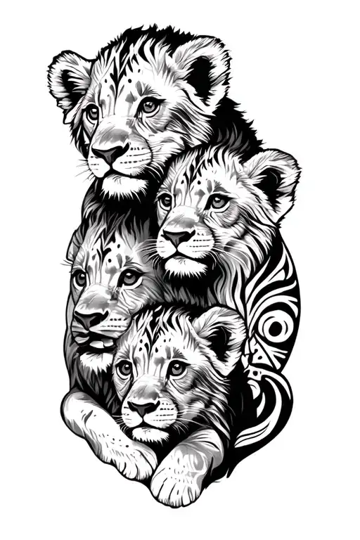 3 baby lion cubs with zodiac tattoo design idea