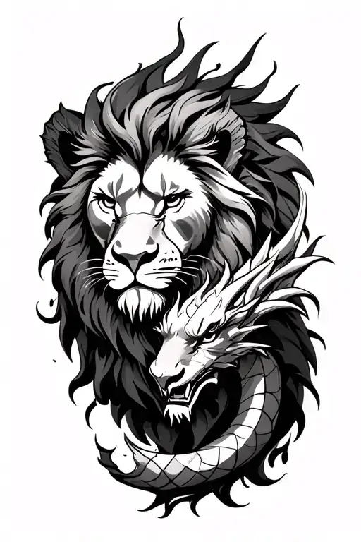 I want a lion with a dragon but separate on my arm tattoo design idea